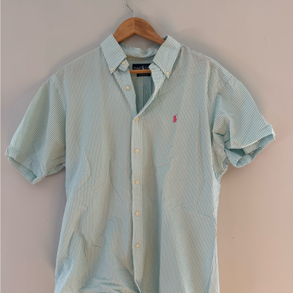 Ralph Lauren Aqua and White Striped Shirt